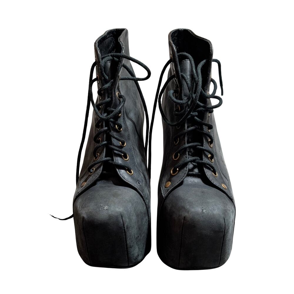 Jeffrey Campbell Lita Gray Leather Lace Up Platform Boots Heels Women’s Size 7M